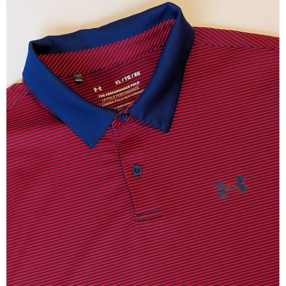 NWOT Under Armour Mens XL Performance Polo Shirt Red Blue Striped Loose Fit Golf
